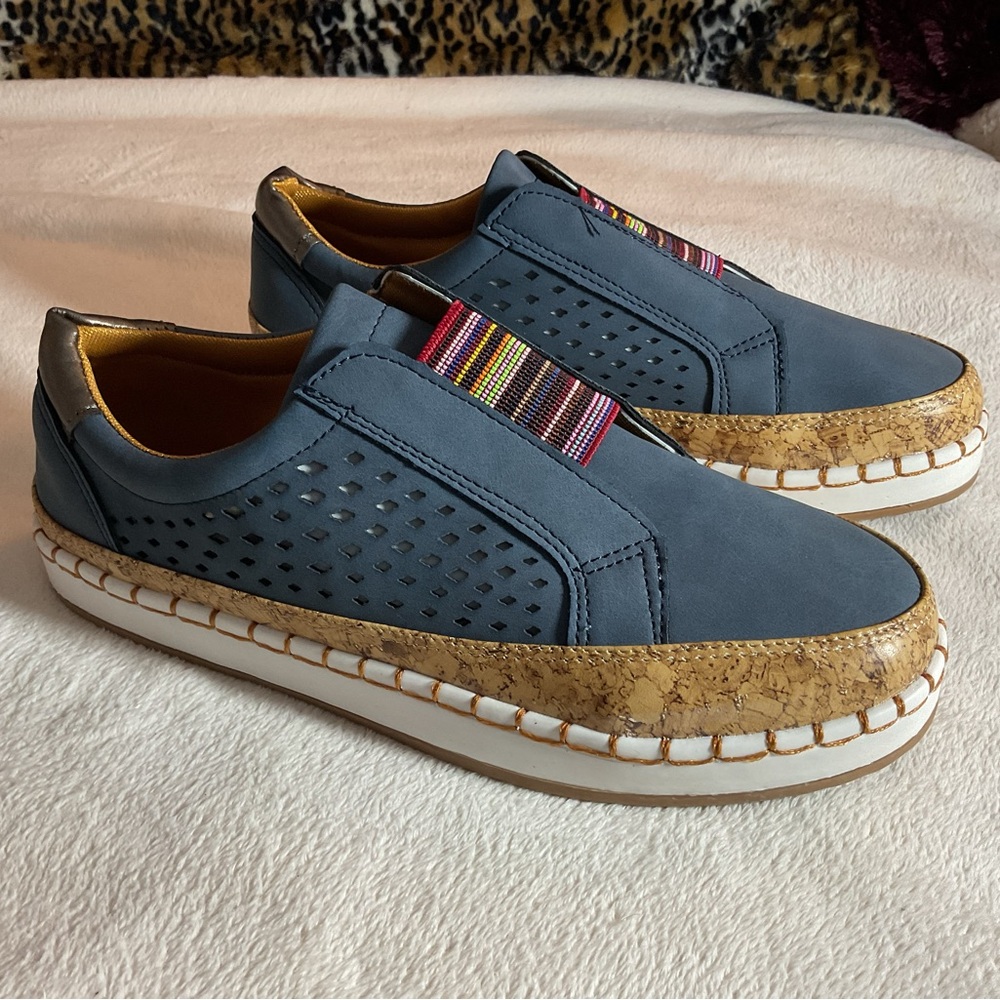 Blue Suede Flats with Perforations and Two-Tone Sole